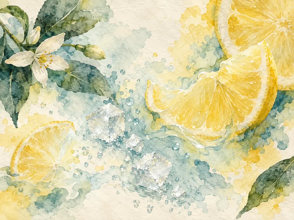 Watercolor citrus slices and crystalline sugar-like forms