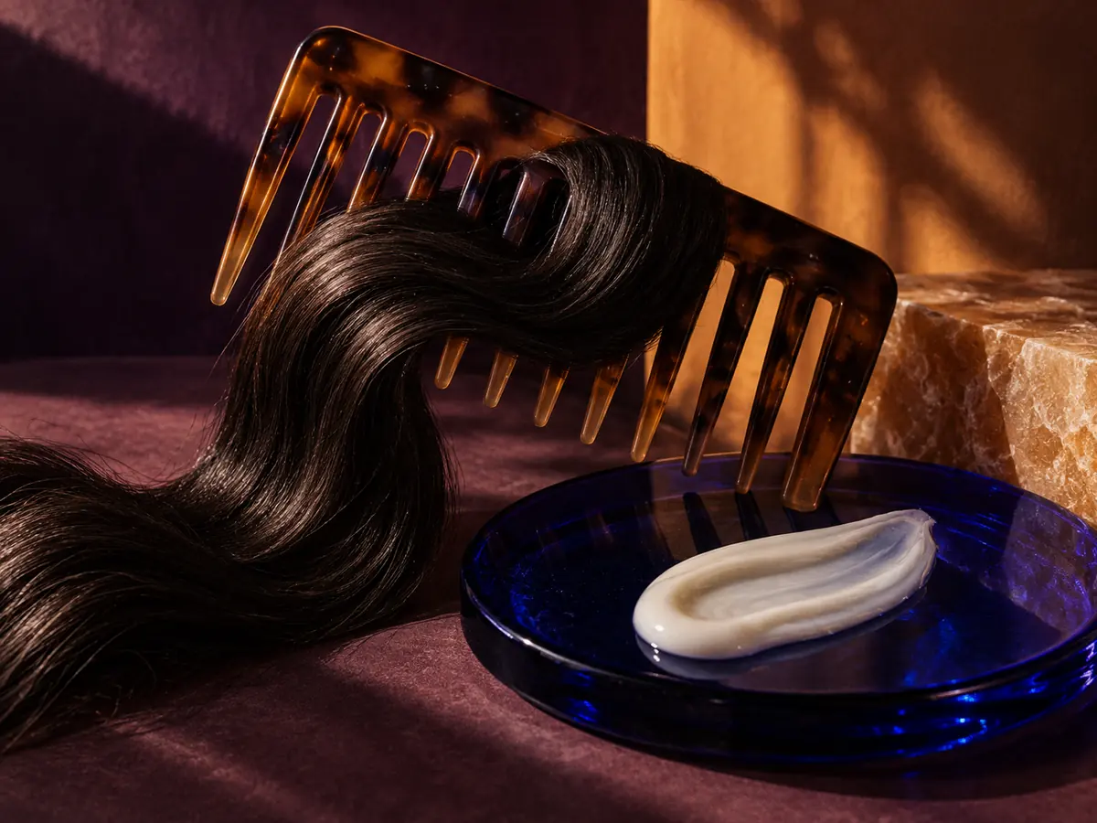 Dark hair fibers, wide-tooth comb, and a pale conditioner swatch