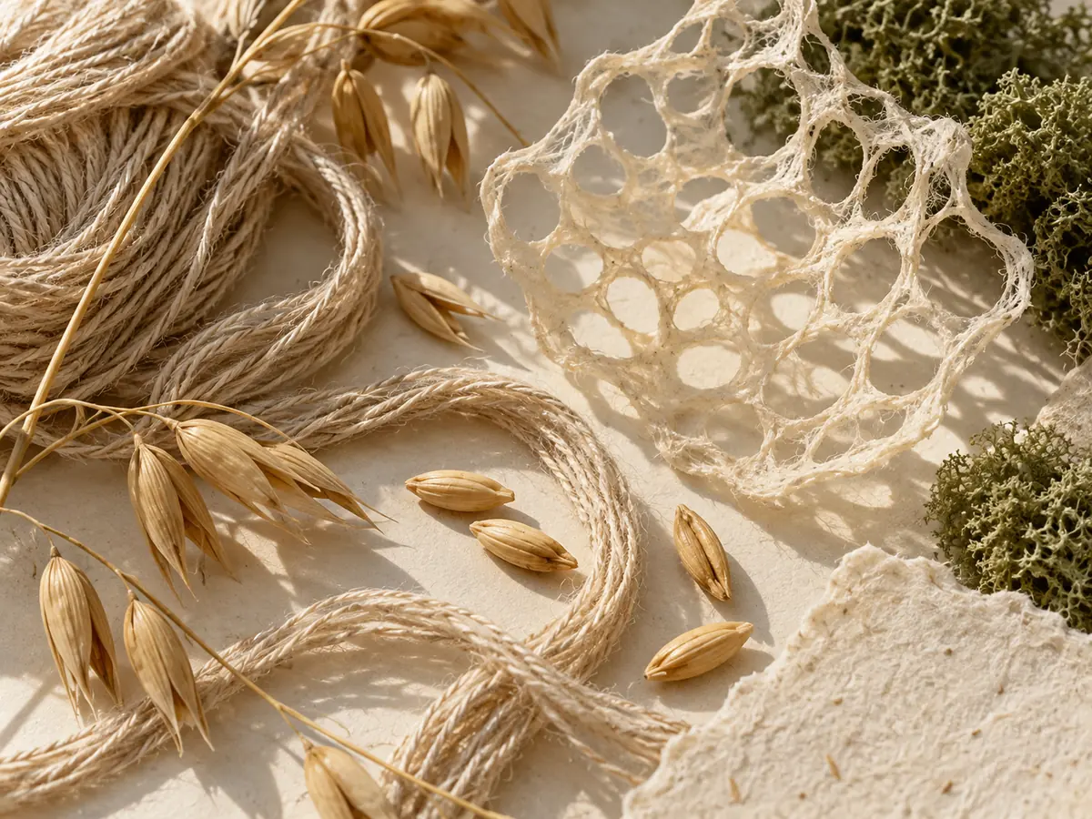 Woven oat-colored fibers, oat grains, and a handmade paper lattice