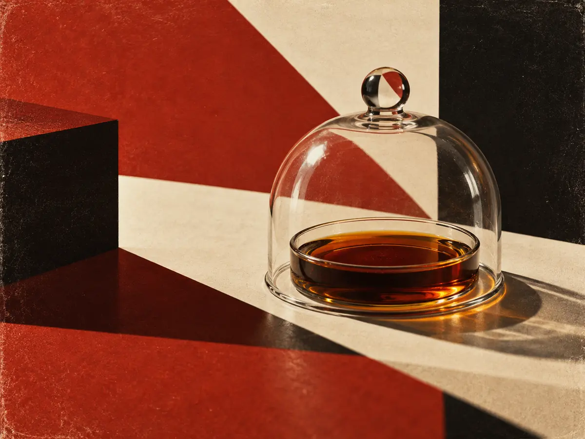 Amber oil protected beneath a glass dome in a geometric still life