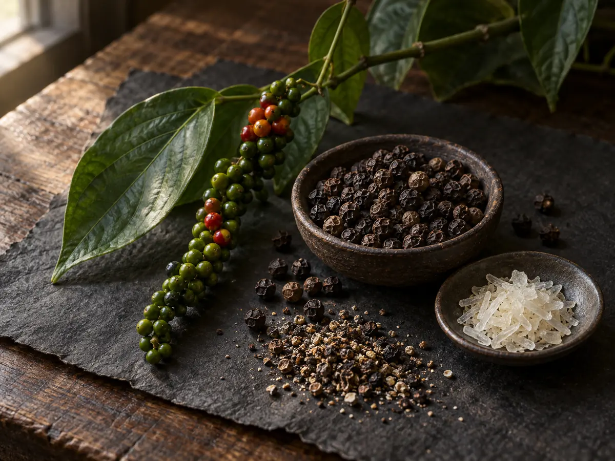 Black pepper vine, peppercorns, ground spice, and pale extract powder
