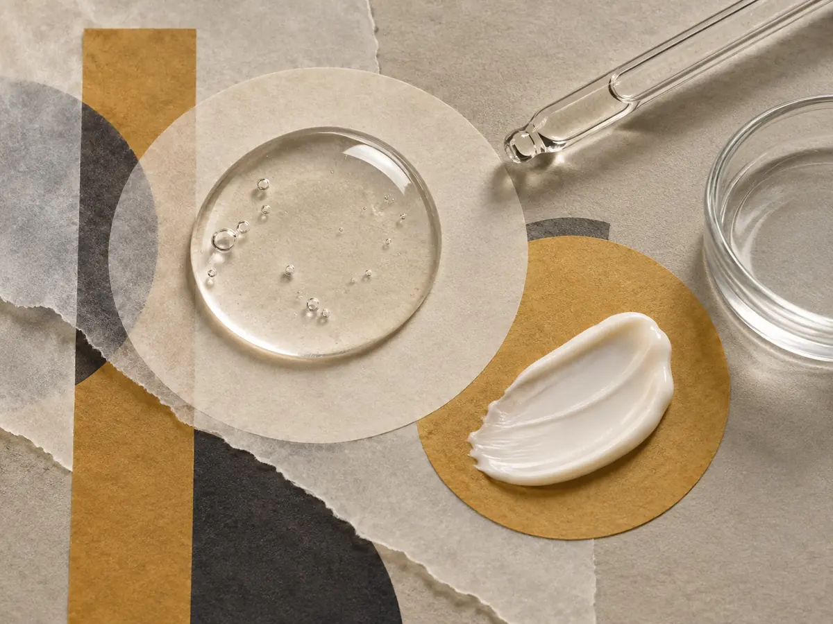 Clear cosmetic droplets and cream swatches in a geometric paper collage