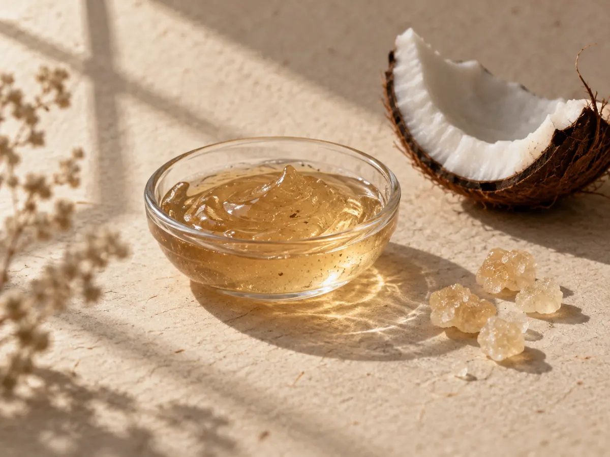 Translucent cleansing gel with coconut shell and sugar crystals