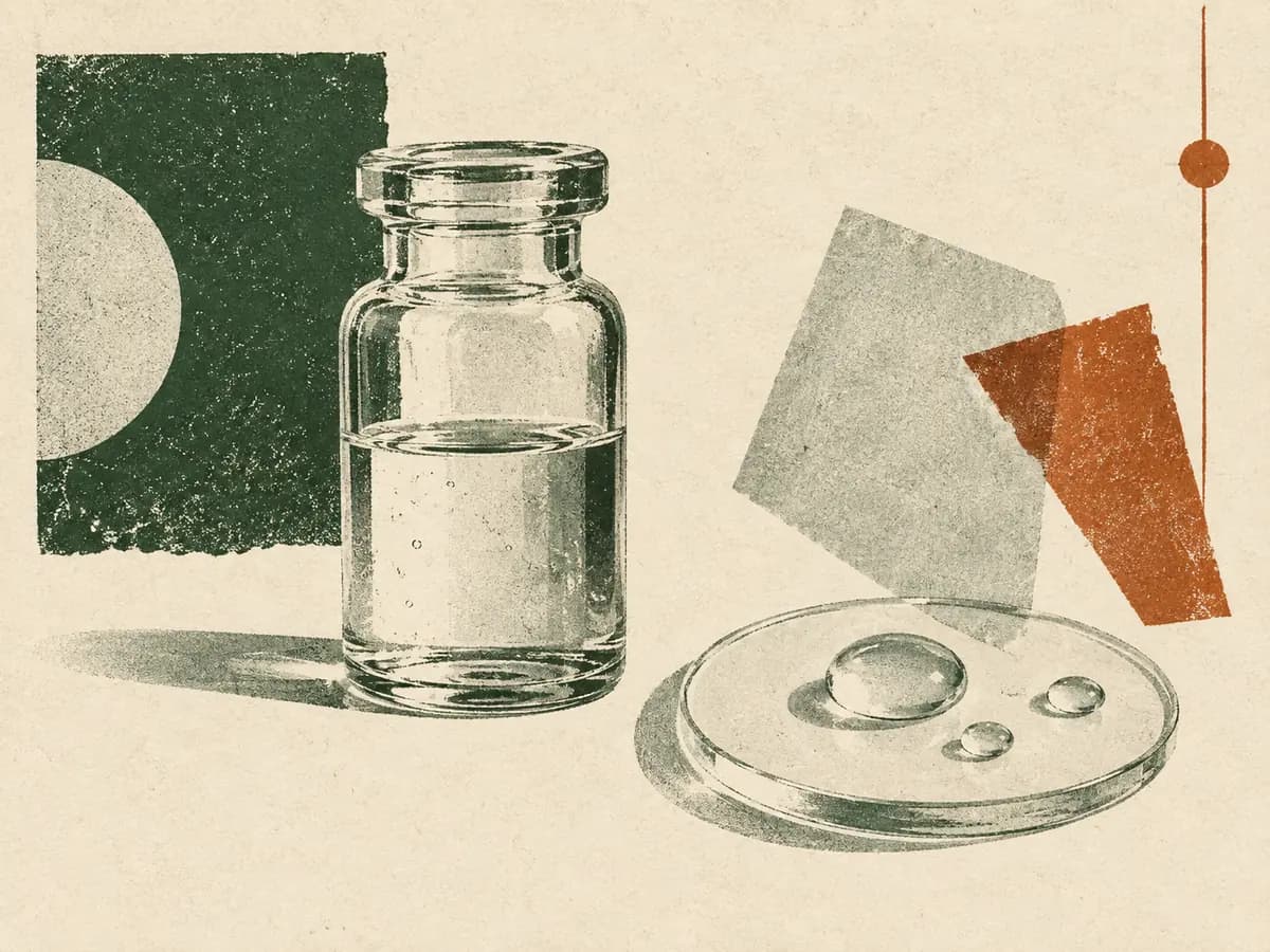 Clear cosmetic liquid and an unlabelled laboratory vial in a paper collage