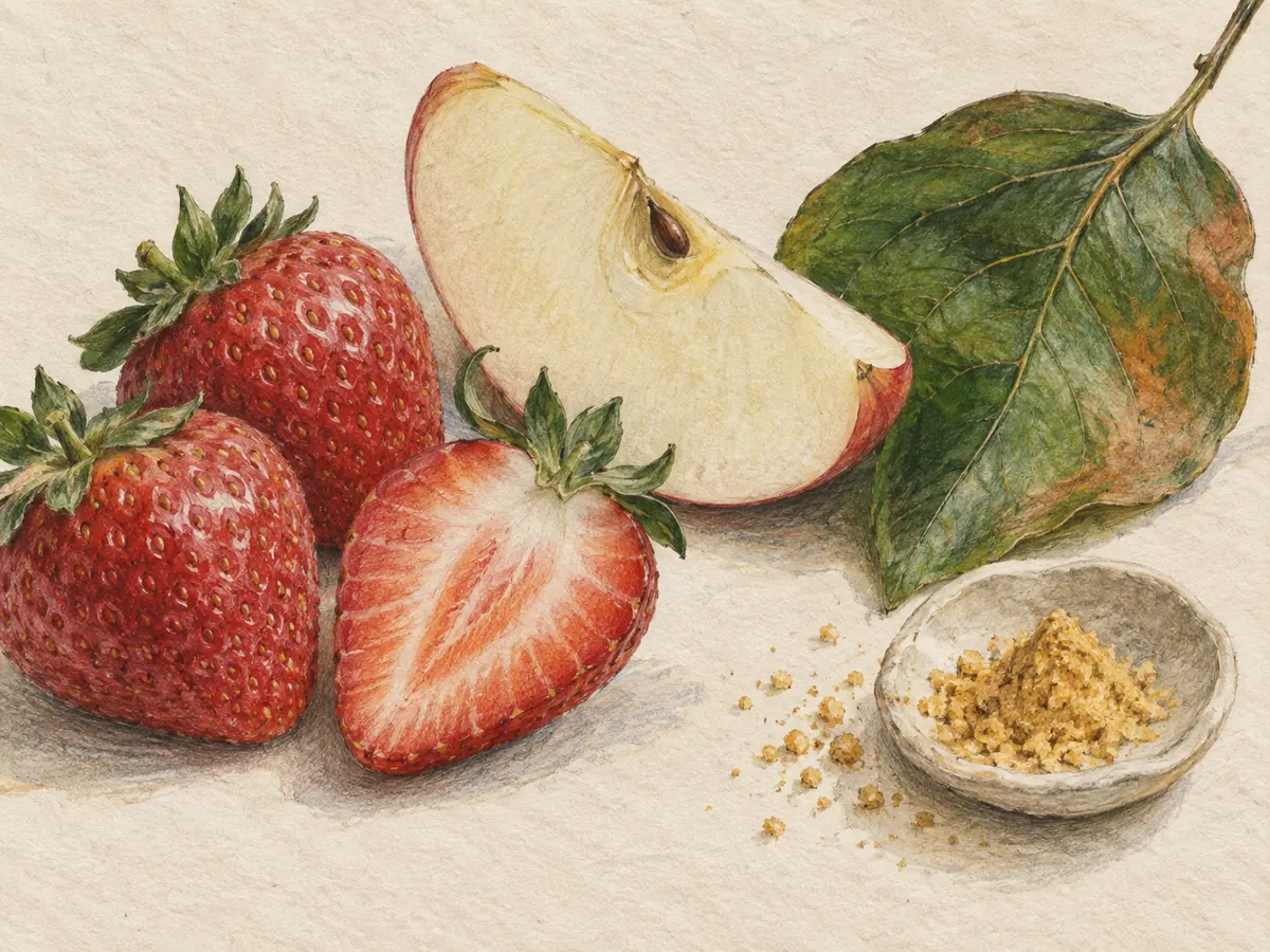 Strawberries, apple slices, and a small dish of golden flavonoid-like powder