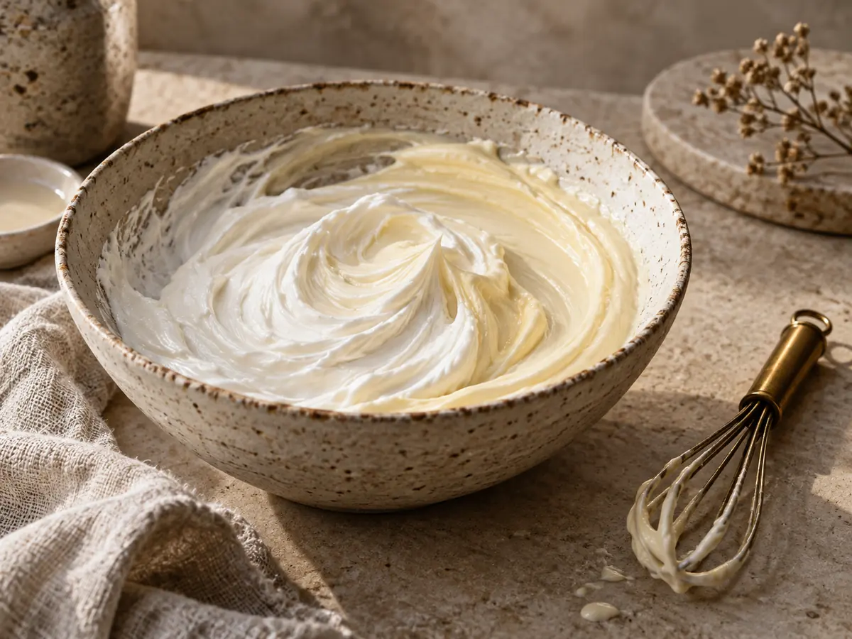 Thick white emulsion in a ceramic bowl with a small whisk