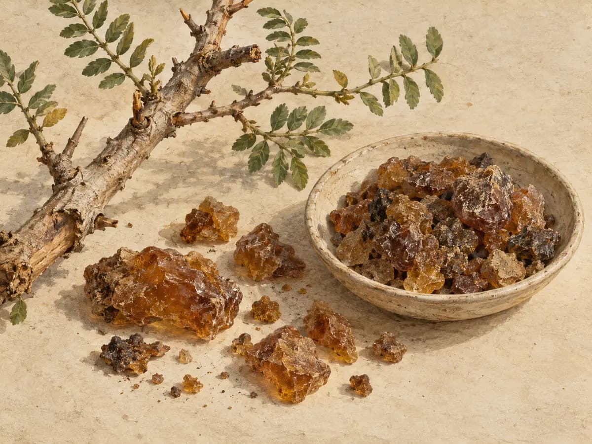 Guggul tree branch and amber resin pieces arranged on warm paper