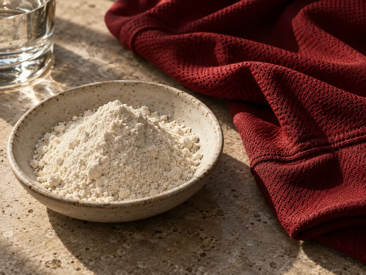 Fine pale powder beside folded red athletic fabric and glassware