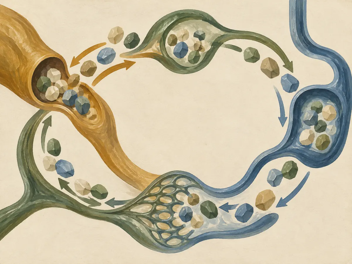Gouache illustration of a looping metabolic pathway in muted colors