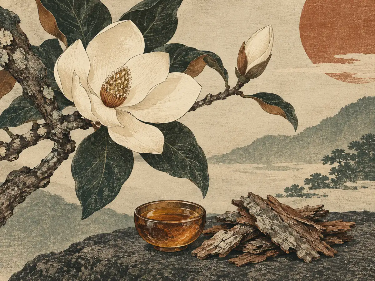 Woodblock-style magnolia blossom, bark chips, and amber extract