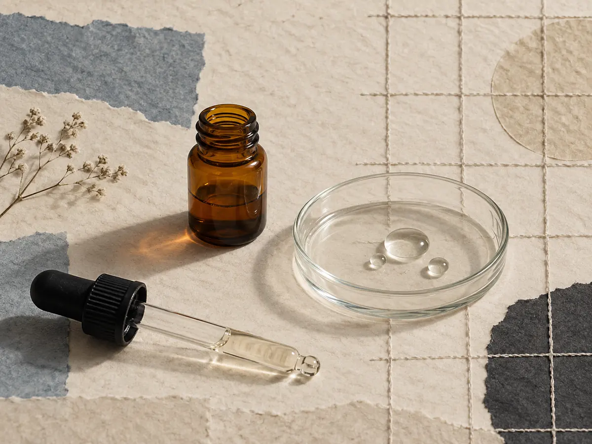 Amber formulation vial and clear droplets in an archival paper composition