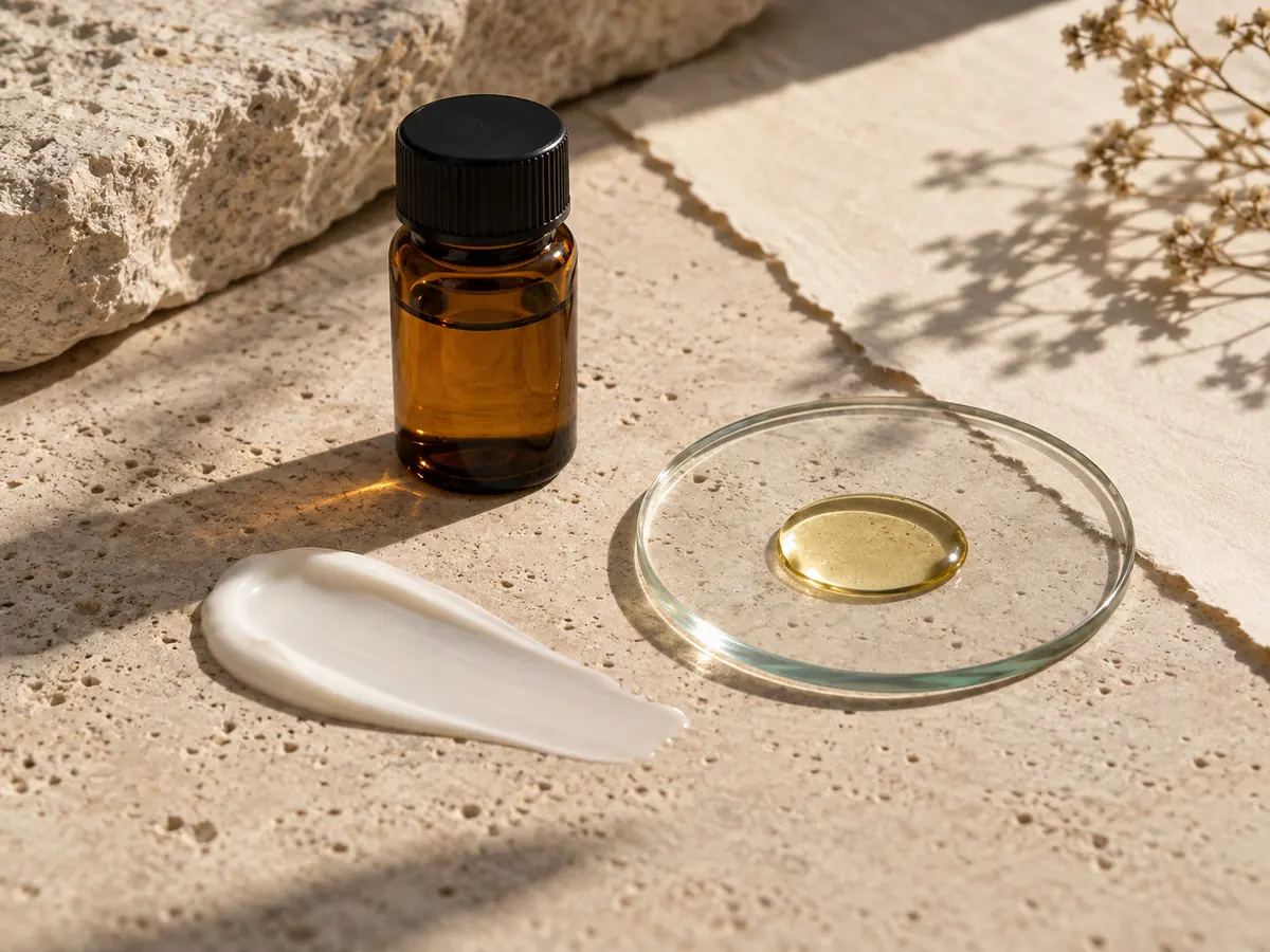 Amber sunscreen-filter liquid, glass dish, and cream swatch in sunlight