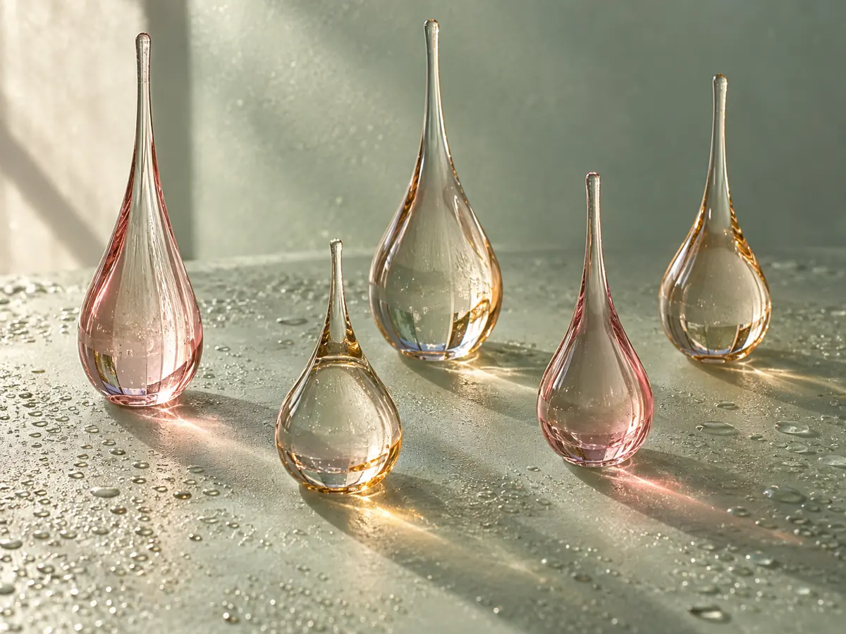 Five clear glass droplets with soft pink and amber refractions