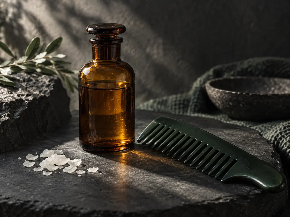 Amber laboratory bottle, dark comb, and white flakes on charcoal slate