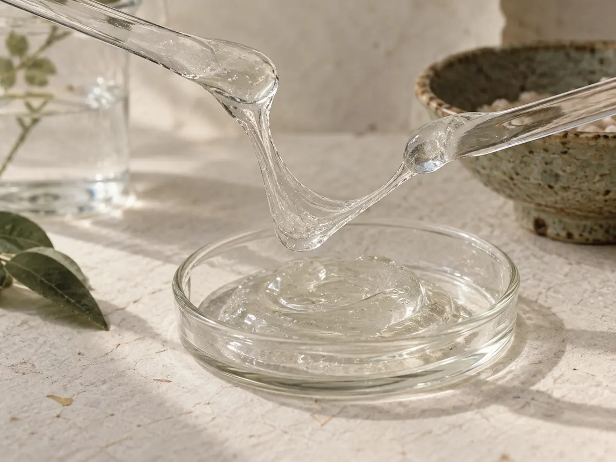 Clear viscous gel stretching between laboratory glass dishes