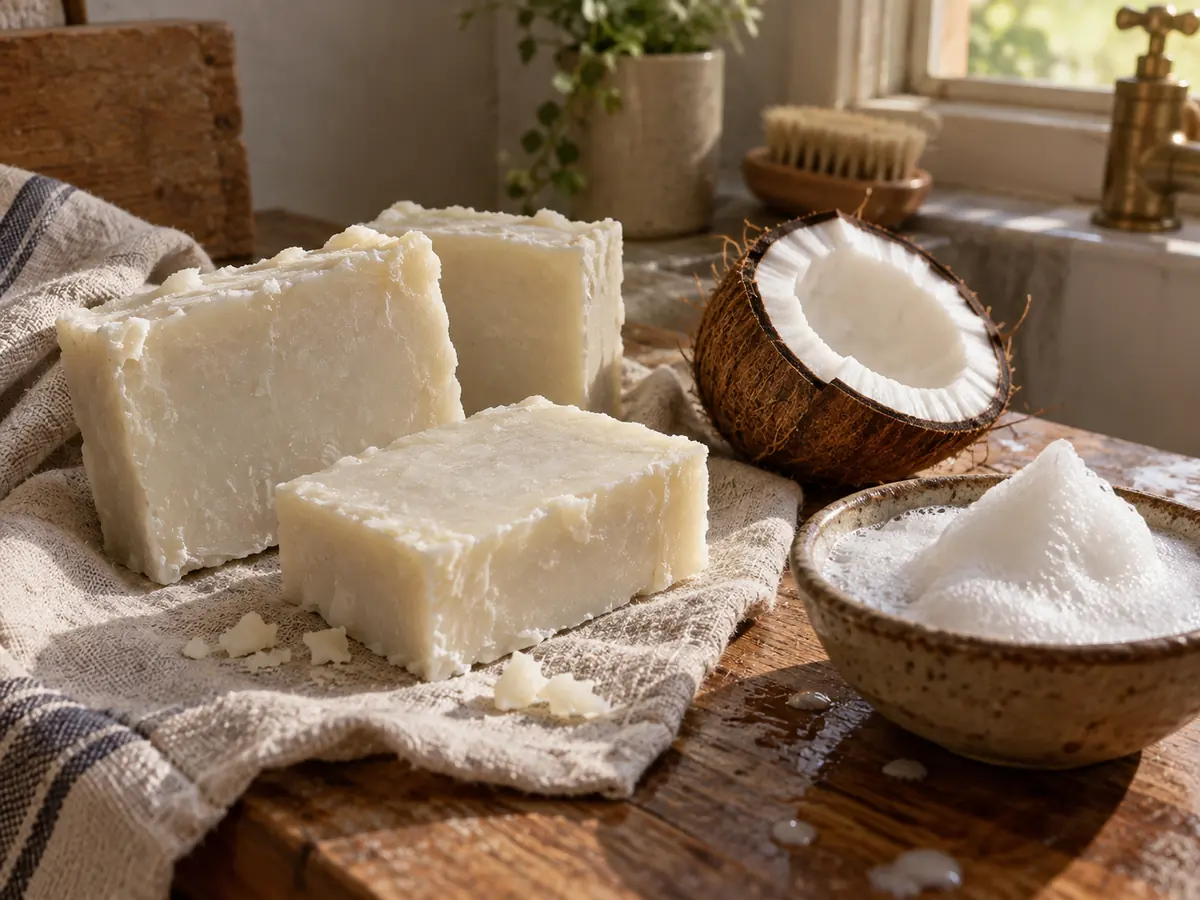 Rough-cut coconut-oil soap bars with coconut and creamy lather
