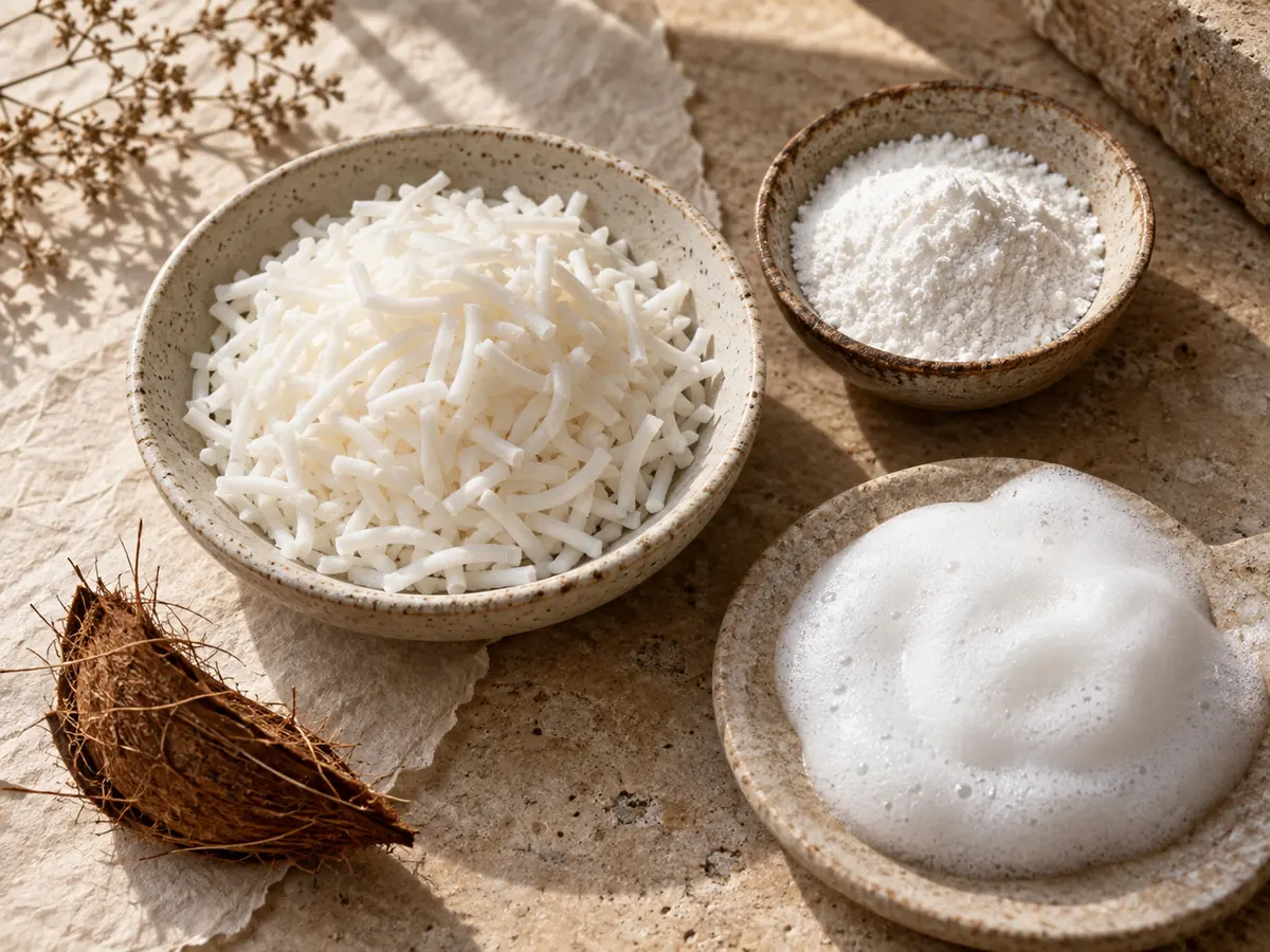 White surfactant noodles, coconut shell, and soft cleanser foam