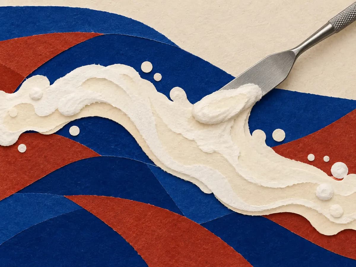 Cream cleanser foam crossing cobalt and rust-red paper waves