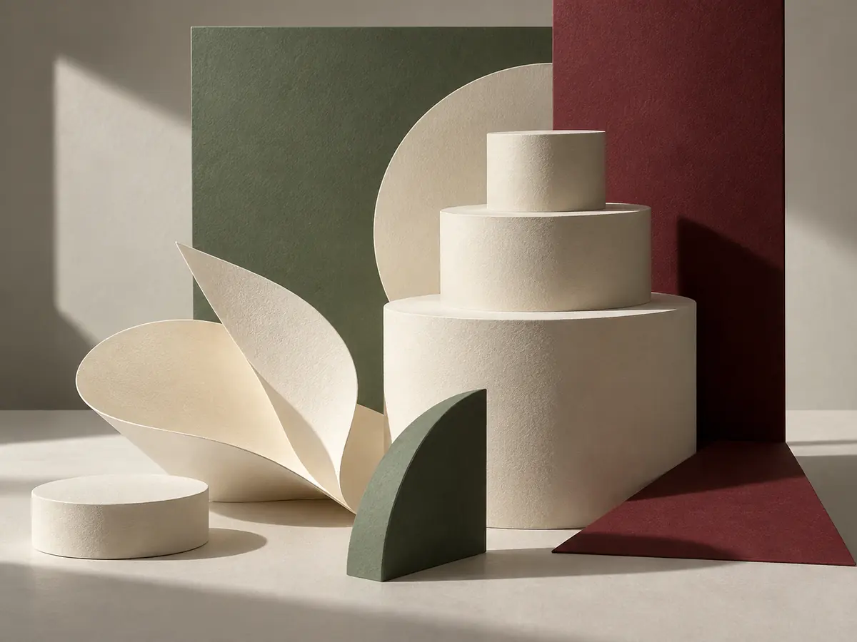 Waxy ivory flakes and geometric cream forms in a paper sculpture