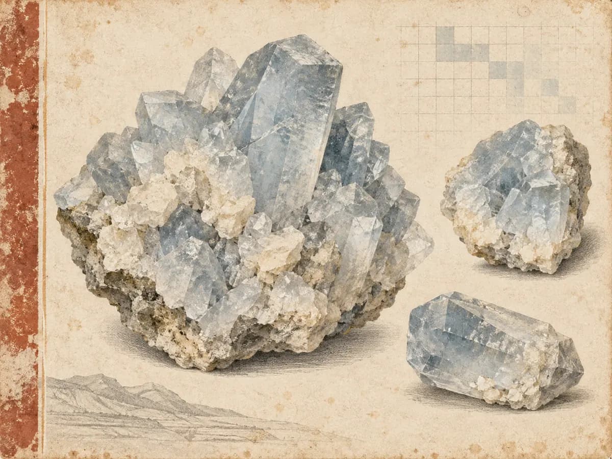 Hand-colored geological study of pale blue celestine crystals