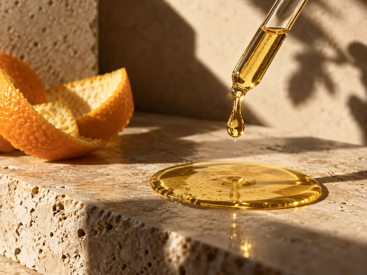 Golden oil under a glass pipette with a restrained curl of orange peel