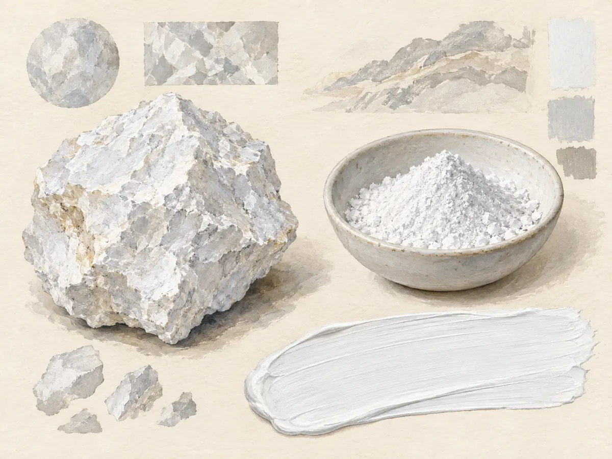 White mineral specimen, fine powder, and an opaque white cosmetic swatch